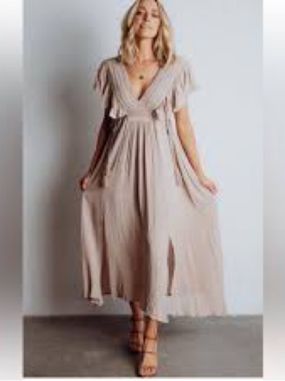 Baltic Born Boho V-Neck Flutter Sleeve Maxi Dress in Light Taupe